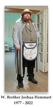 One of our founding members, Worshipful Brother Josh Hemmert wearing civil war era civilian clothing with a Mike Moon Masonic Apron